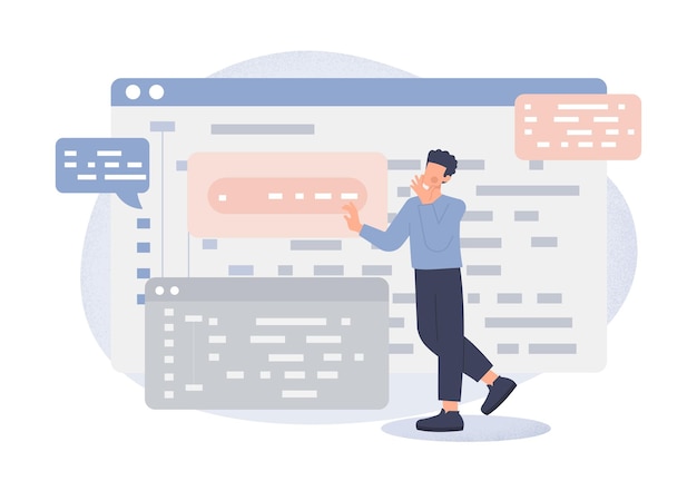 Vector coder work concept man developing program or interface for website programmer at work modern