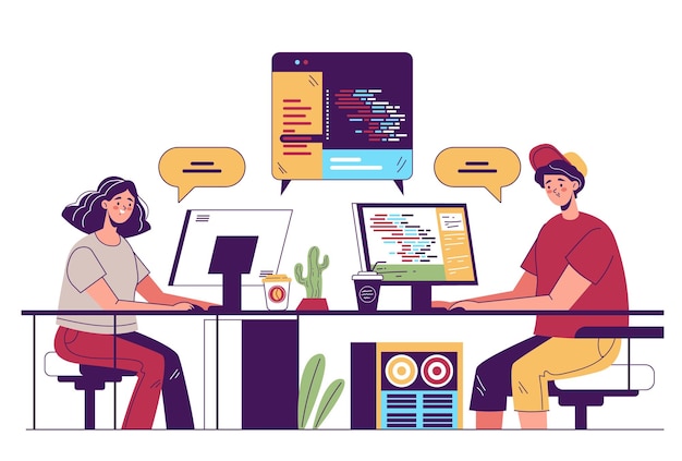 Vector coders programmers developers characters collaborating and working at new code online by internet