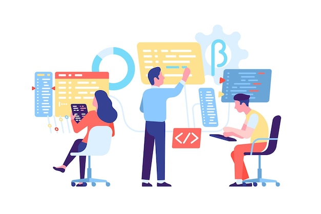 Vector coding computers people. software engineering digital process. web and apps technologies. program development. brainstorm teamwork. programmers and coders work. network developers. vector concept