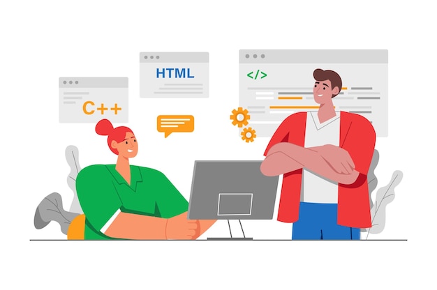 Vector coding gray concept with people scene in the flat cartoon design programmer asks for advice