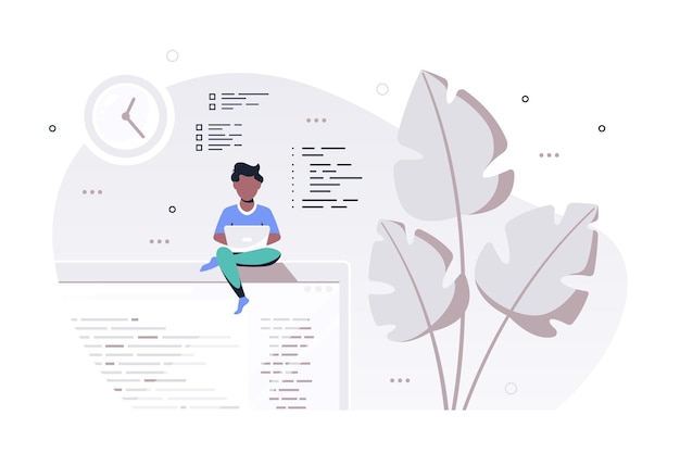 Vector coding, programming, application development concept. black man programmer sitting on the big laptop and working. flat style banner design
