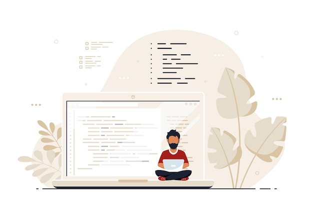 Vector coding, programming, application development concept. black man programmer sitting on the big laptop and working. flat style banner design