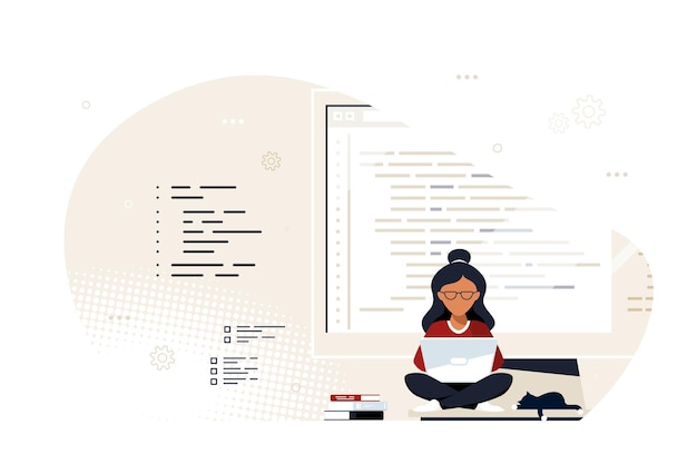 Vector coding, programming, application development concept. young black woman programmer sitting on big computer screen and working. flat style banner design