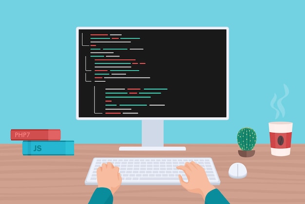 Vector coding programming compute pc desktop head monitor view man programmer hands working on his pc