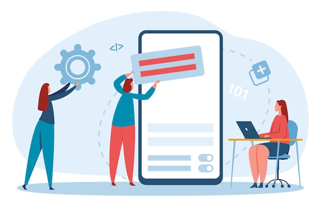 Vector coding and programming concept women working on laptop mobile screen developing programs technologies cartoon developers doing tasks and coding software on devices vector illustration