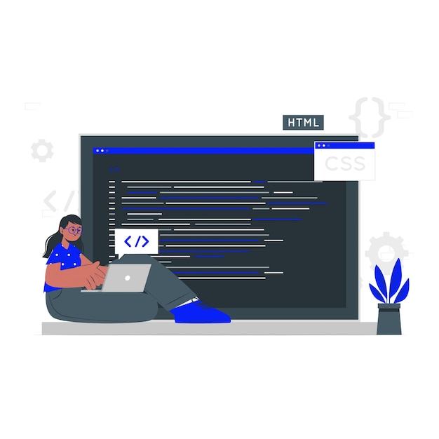 Vector coding and programming illustration woman working on laptop with code