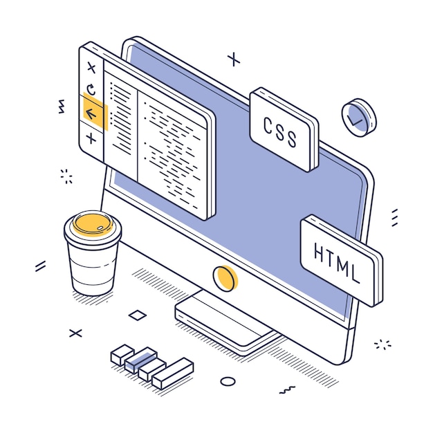 Vector coding programming with a computer and design elements for web development isometric line art