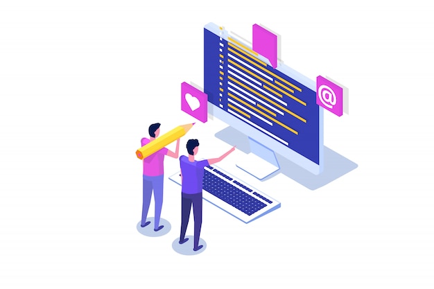 Vector coding, software development, programming isometric concept, program code on screen