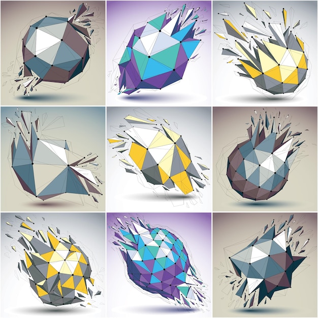 Vector collection of 3d vector digital wireframe colorful objects broken into different particles, geometric polygonal structures with lines mesh. low poly shattered shapes, fractal forms with thread.