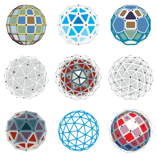 Vector collection of abstract vector low poly objects with lines and dots connected. set of futuristic balls with overlapping lines mesh and geometric figures. 3d shapes can be used in technical modeling.