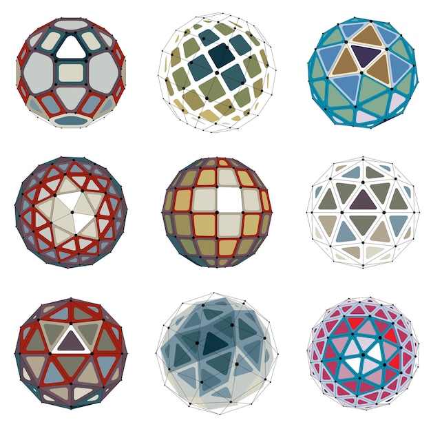 Vector collection of abstract vector low poly objects with lines and dots connected. set of futuristic balls with overlapping lines mesh and geometric figures. 3d shapes can be used in technical modeling.