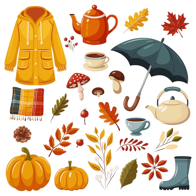 Vector a collection of autumn items including a yellow jacket umbrella tea set mushrooms and leaves