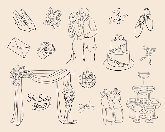 Vector collection of beautiful thin line vector style wedding line illustrations wedding marriage