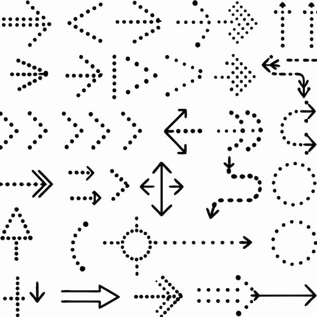 Vector collection of black dotted arrows pointing in various directions