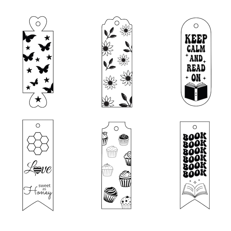 Vector collection of black and white bookmarks with quotes butterflies cupcakes and floral designs