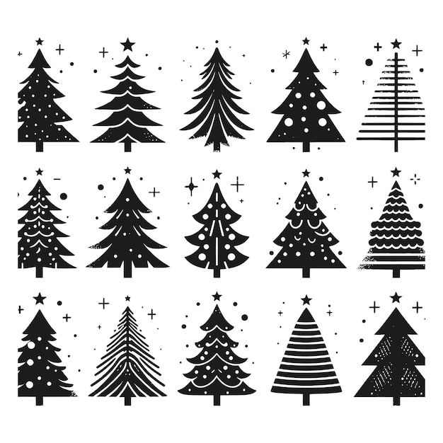 Vector a collection of black and white images of christmas trees