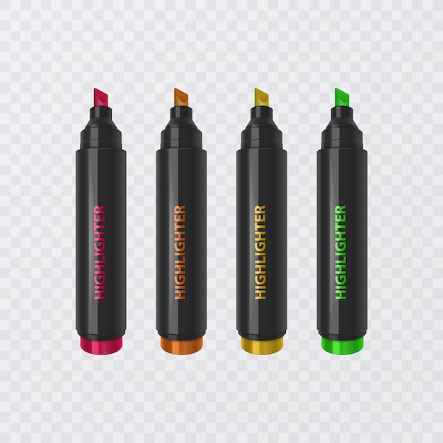 Vector collection of bright and colored highlighters, realistic markers