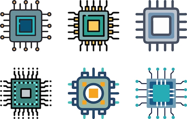 Vector collection of colorful microchip and processor icons