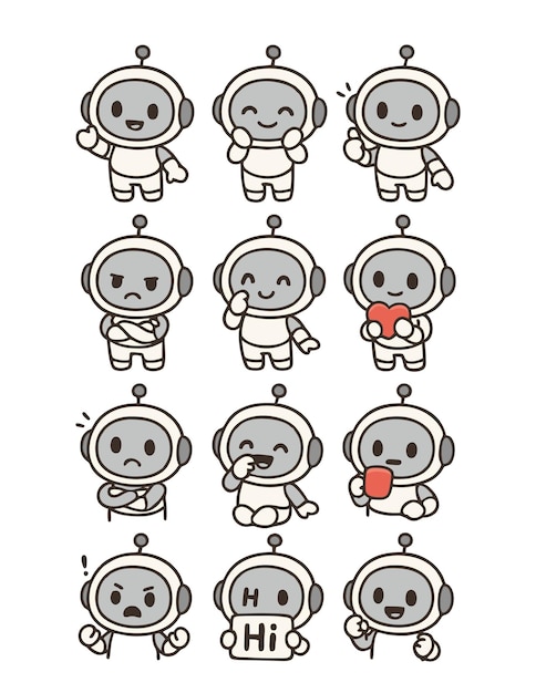collection of cute robot characters expressing different emotions