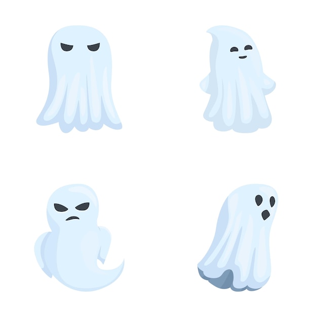Vector collection of four friendly ghost illustrations each with a unique expression and style