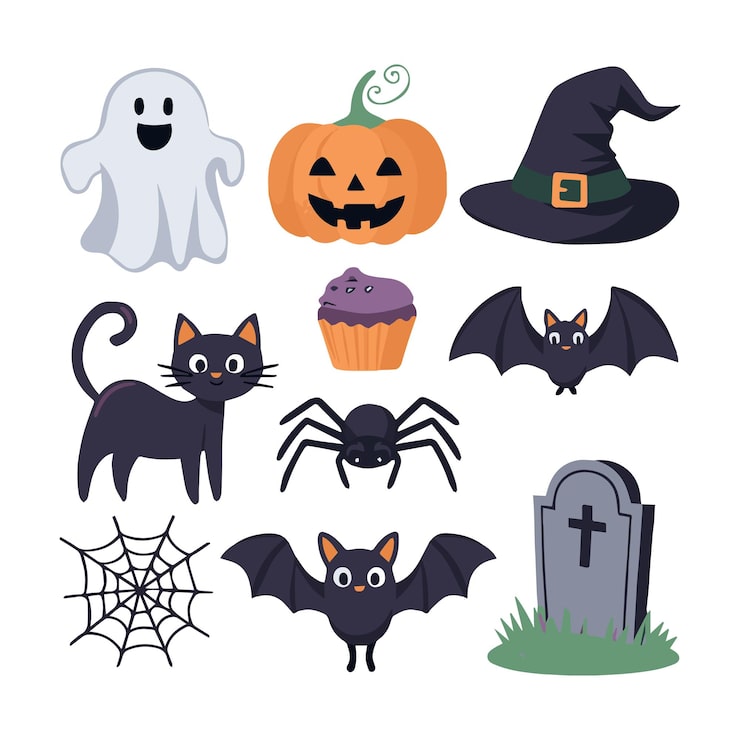 Vector a collection of halloween items including a ghost a ghost a pumpkin and a cross