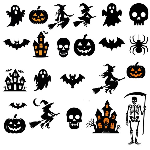 Vector a collection of halloween items including a skeleton and a witch