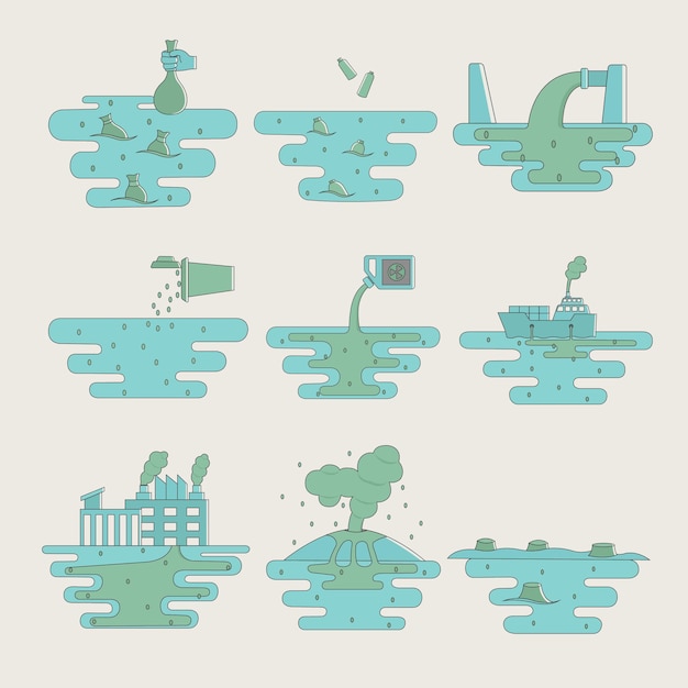 Vector collection of icon designs for water pollution deforestation and plastic waste