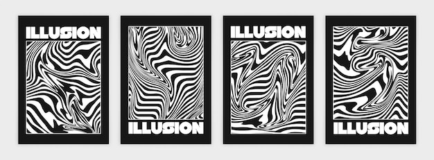 Vector collection of modern abstract posters with optical illusion in techno style psychedelic design