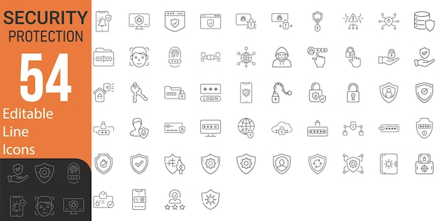 Vector collection of modern editable thin stroke line style security protection icons set