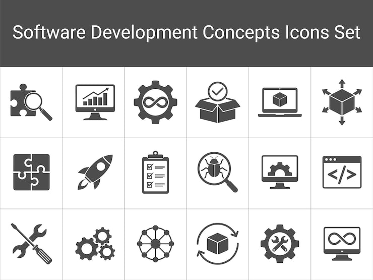 Collection of Software Development Icons Includes process debugging coding deployment symbols
