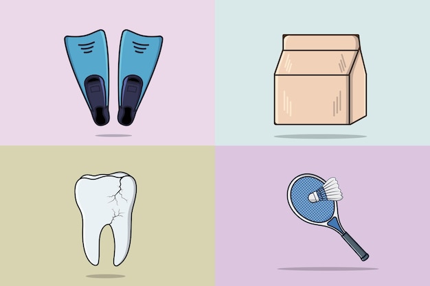 Vector collection of teeth and diving flippers with delivery paper bag vector design