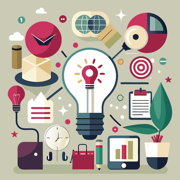 Vector a collection of things including a light bulb a clock and a clock