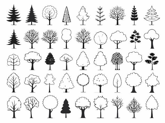 Vector a collection of trees with different shapes and sizes of trees