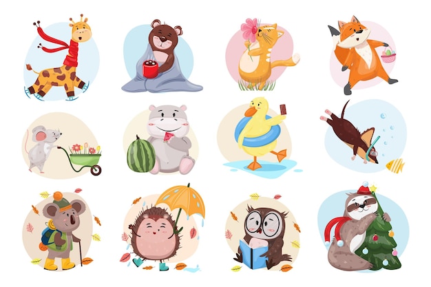 collection of twelve different animals having activities in every season