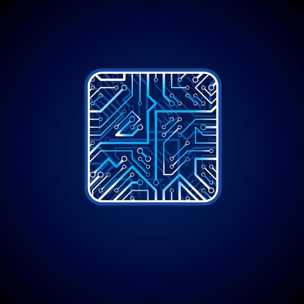 Vector collection of vector microchip design, cpu. information communication technology element with sparkles, neon luminescent circuit board in the shape of square.