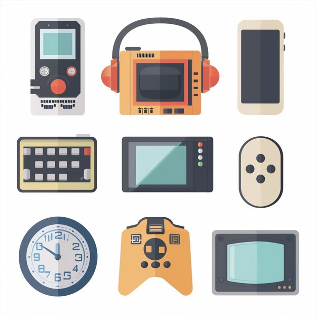 Vector a collection of video game controllers including one that says  the time is 3  00