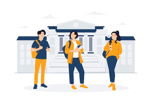 Vector college students university school education group of happy young students standing together with books and bags concept illustration