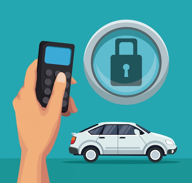 Vector color background of classic car and remote control with button padlock 