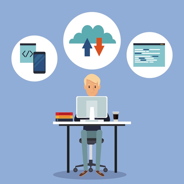 Vector color scene background side view web developer man in desk programming language around window pc