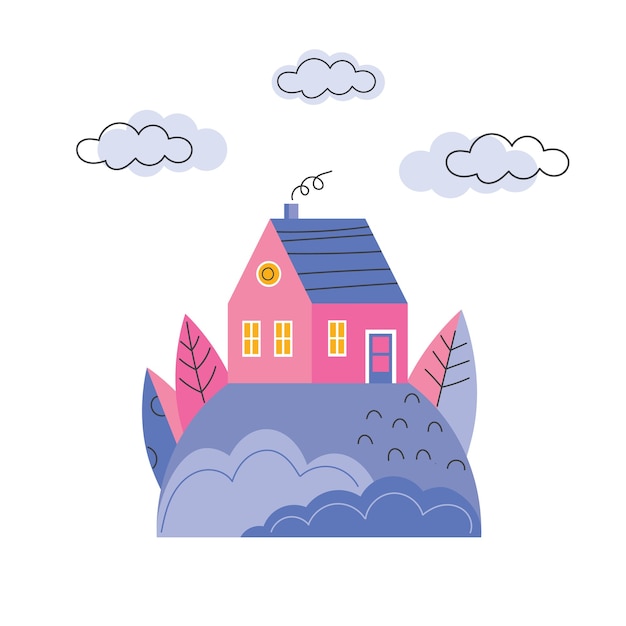 Vector colored house on the hill. cozy houses street flat vector banner template