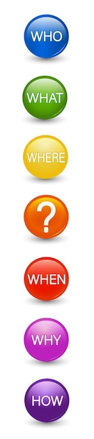 Vector colored isolated buttons with question mark with question who what where when why how solving