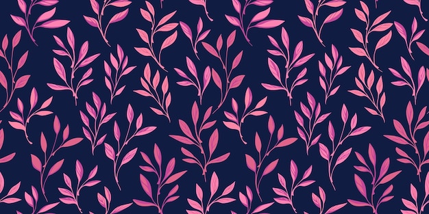 Vector colorful abstract seamless pattern leaves stem on a dark blue background vector hand drawn