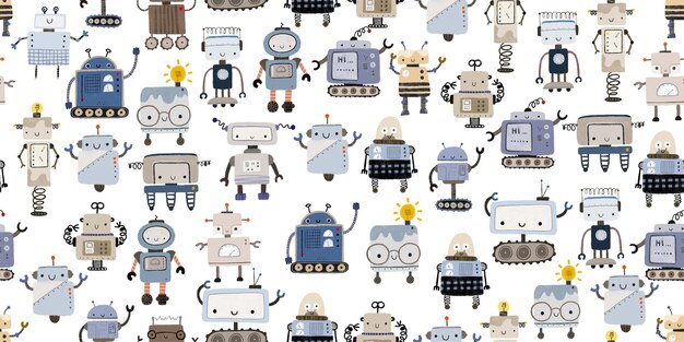 Vector colorful cartoon robots isolated background seamless pattern endless pattern with robots background