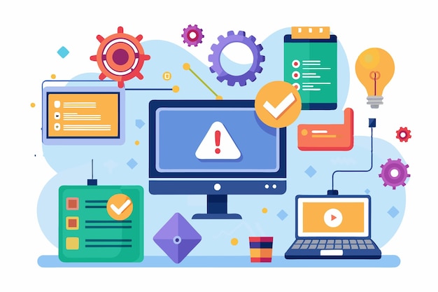 Vector a colorful digital illustration showing various system errors on a computer screen with tools system error errors in system software