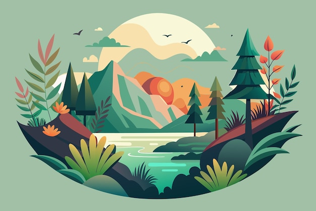 Vector colorful illustration serene natural landscape and beauty of the great outdoors