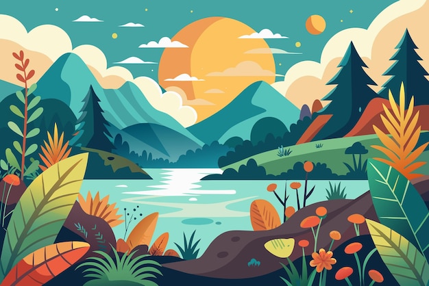 Vector colorful illustration serene natural landscape and beauty of the great outdoors