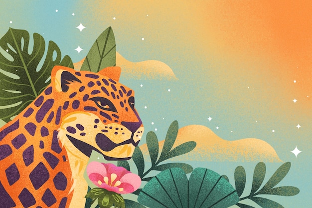 a colorful jaguar amidst tropical flora