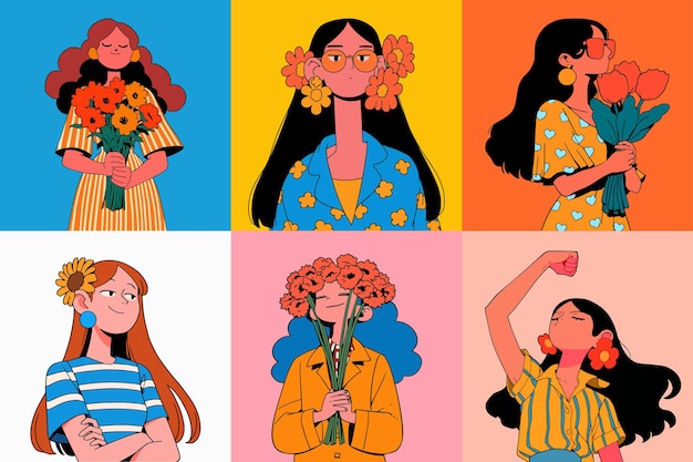 Vector colorful portraits of women with flowers