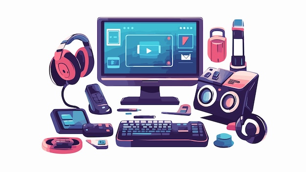 Vector colorful technology web icon cartoon wide angle centered composition