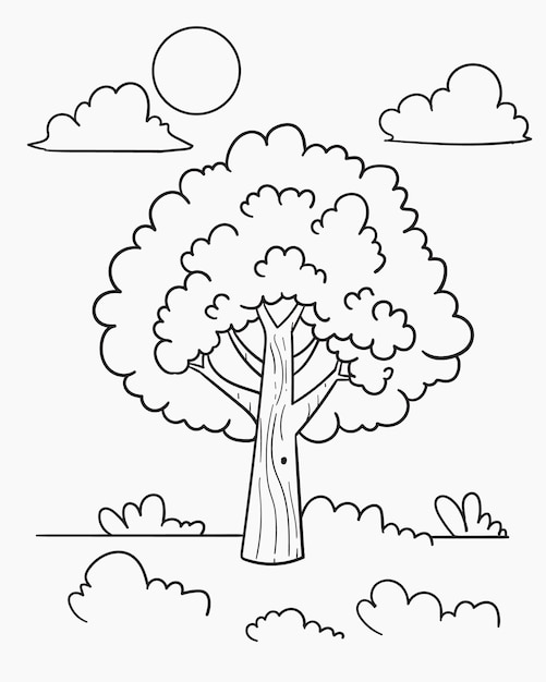 Vector coloring book big tree on a background of clouds